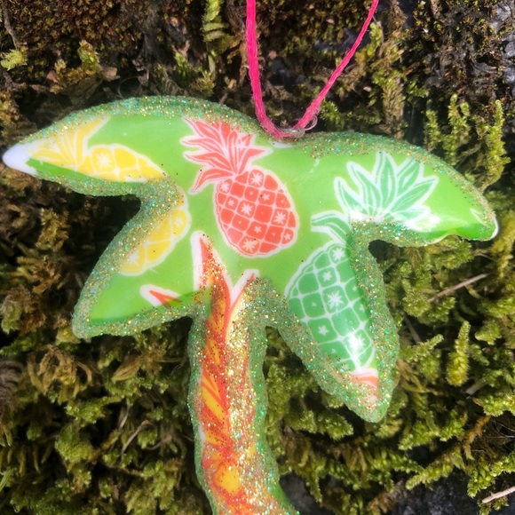 Vtg Palm Tree Ceramic Christmas Ornament Pink Green Glass Artisan Hand Painted - Picture 4 of 5